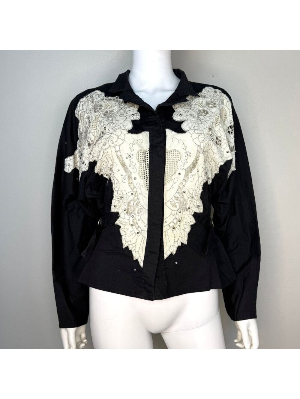 Vintage 1980s Black Blouse with Lace Inserts, Side Buckles, Trash Clothing S/M